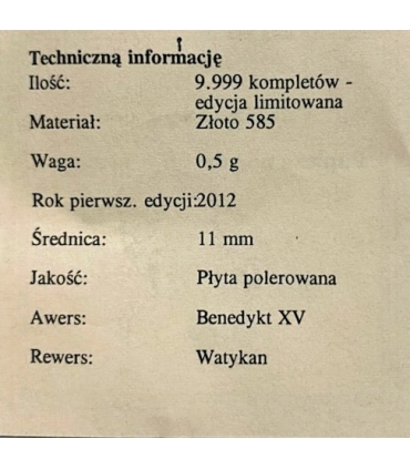 Medal Watykan Papież Benedykt XV – złoto Au 585, 0,5 g, certyfikat