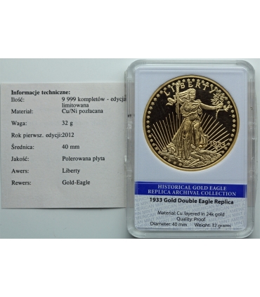 Replika, USA, 20 dolarów 1933, Double Eagle, 2012 r., certyfikat