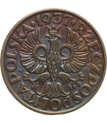 2 grosze II RP, 1937, stan 2, piękny detal