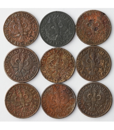 Lot: 9x1 grosz 2 rzeczpospolita, mix odmian i roczników w tym 1930