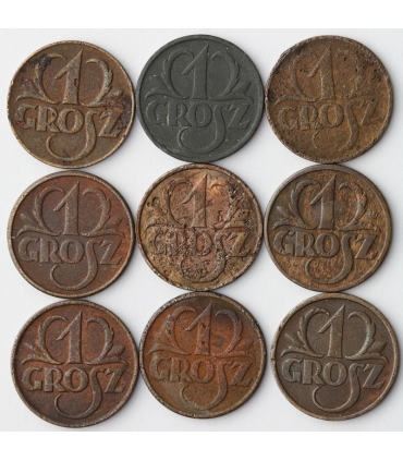 Lot: 9x1 grosz 2 rzeczpospolita, mix odmian i roczników w tym 1930