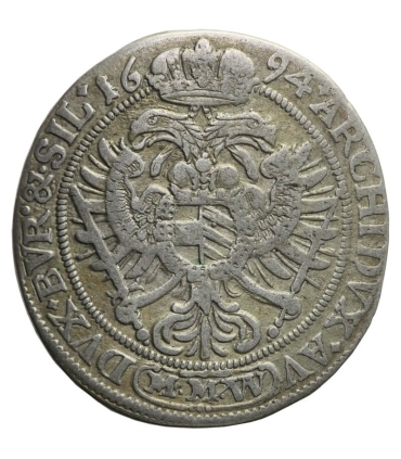 15 krajcarów 1694 Leopold I, mennica Hall, srebro, stan 3, wygięta