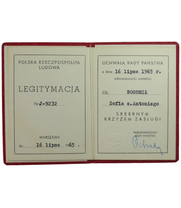 Srebrny krzyż zasługi PRL 1965 + legitymacja + pudełko