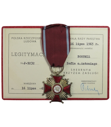 Srebrny krzyż zasługi PRL 1965 + legitymacja + pudełko