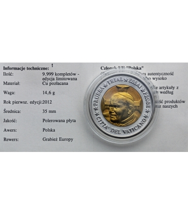 Medal 2002 Jan Paweł II – Città del Vaticano, pozłacana miedź, 35 mm, certyfikat