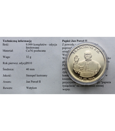 Medal okolicznościowy Watykan 2013 Papież Franciszek pozłacany, kapsuła, certyfikat