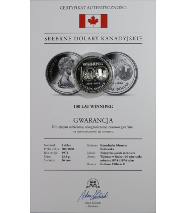 Kanada 1 Dolar - 100 Lat Winnipeg 1975 r srebro, certyfikat