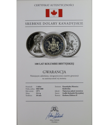 Kanada 1 dolar, 1971, 100 lat Kolumbii brytyjskiej, srebro