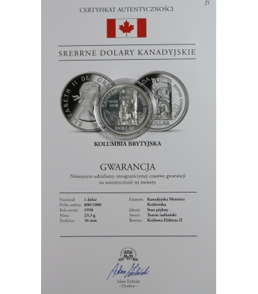 Kanada 1 dolar, 1958 100 rocznica założenie Kolumbii Brytyjskiej, srebro, certyfikat