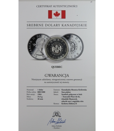 Kanada 1 Dolar 1964 - Quebec, srebro, certyfikat