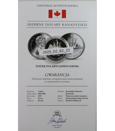 Kanada, 1 dolar 1987, Statek polarny Johna Davisa, srebro, certyfikat