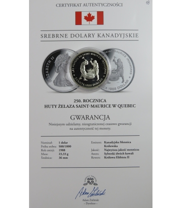 Kanada 1 dolar - 250 lat huty żelaza Saint-Maurice, srebro, 1988