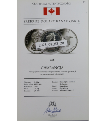 Kanada 1 dolar 1967 Gęś, stan 2, srebro, certyfikat