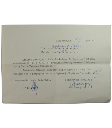 Odznaka Tysiąclecia Państwa Polskiego OKFJN z 1968 roku, legitymacja, dokumenty PZPR, koperta