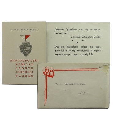 Odznaka Tysiąclecia Państwa Polskiego OKFJN z 1968 roku, legitymacja, dokumenty PZPR, koperta