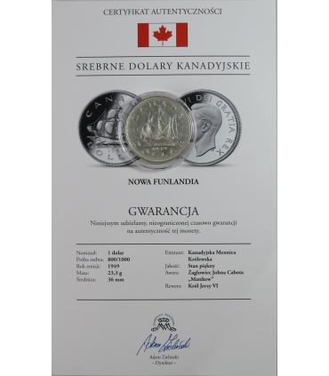 Kanada, 1 dolar 1949, Nowa Funlandia, srebro, certyfikat
