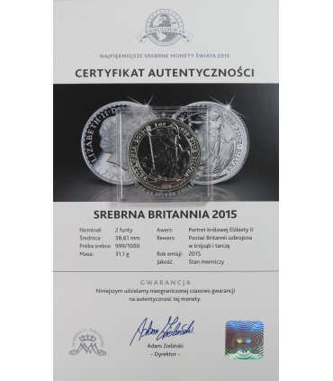 Wielka Brytania 2 funty, 2015, Britannia, st. 1, 1 Oz, srebro Ag999, certyfikat
