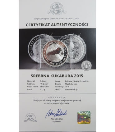 Australia, 1 dolar, Kukabura, 2008, srebro Ag999, 1OZ, st. 1, certyfikat