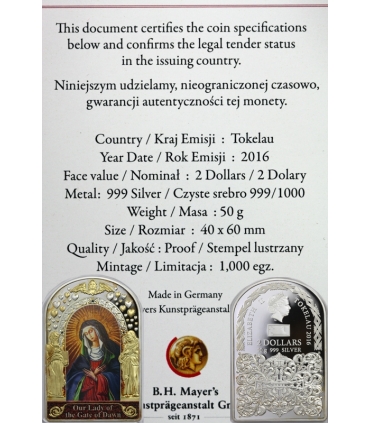 TOKELAU 2 Dolary 2016 Matka Boska Ostrobramska 50 g w etui