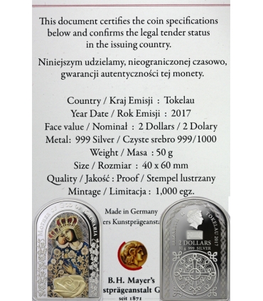 Tokelau 2 Dolary 2017 Matka Boska Kalwaryjska 50 g Srebro 999 etui, certyfikat