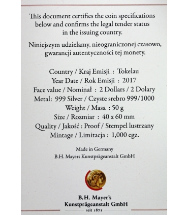 Tokelau 2 Dolary 2017 Matka Boska Fatimska 50 g Srebro 999 etui, certyfikat
