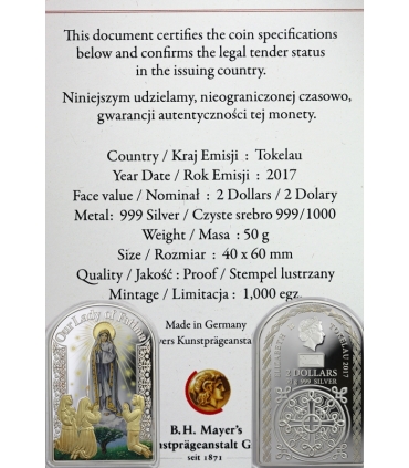 Tokelau 2 Dolary 2017 Matka Boska Fatimska 50 g Srebro 999 etui, certyfikat