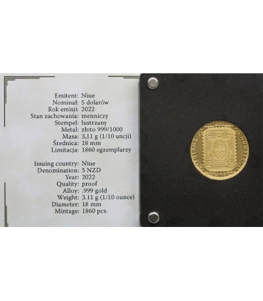 5 dolarów Niue Pierwszy polski znaczek 1860 , 2022, złoto 999 Au, 3,11g, etui, certyfikat
