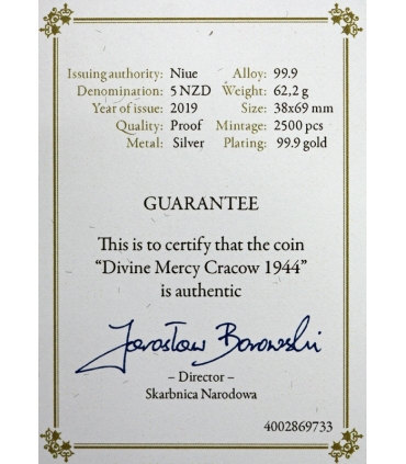 Niue 5 dolarów Divine Mercy Cracow 1944, 2019, srebro Ag 999, 2 uncje 62,2g, etui, certyfikat