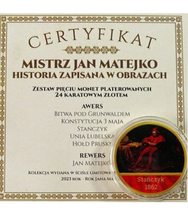Zestaw platerowanych medali „Mistrz Jan Matejko – Historia zapisana w obrazach”, 2023, etui, certyfikat