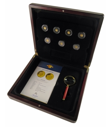 Zestaw 7 monet 1$ 0,5g, 7 Nowych Cudów Świata, złoto Au585, kaseta, certyfikaty, lupa