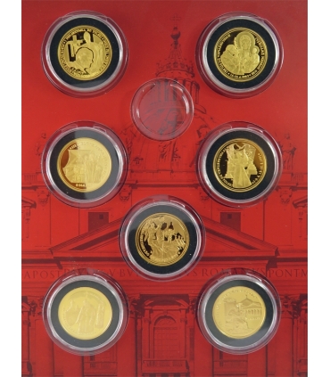 Zestaw medali „Papież, który zmienił historię – Pielgrzymki Jana Pawła II do Polski”, 7 szt., pozłacane, etui, certyfikat