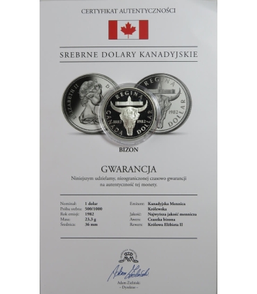 Kanada, 1 Dolar 1982, Bizon, certyfikat, stan 1