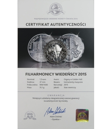 Austria 1,5 Euro 2008 Filharmonicy wiedeńscy, srebro, 1oz, stan 1