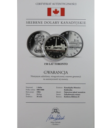 Kanada, 1 dolar 1984, 150 lat Toronto, certyfikat, srebro
