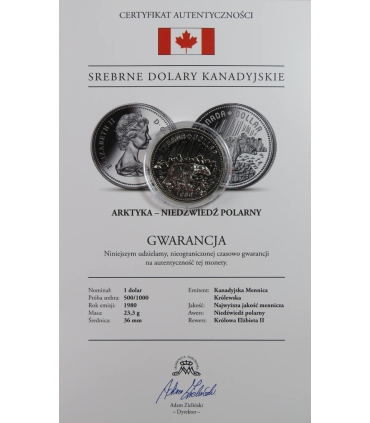 Kanada, 1 dolar 1980, Niedźwiedź polarny, srebro, certyfikat