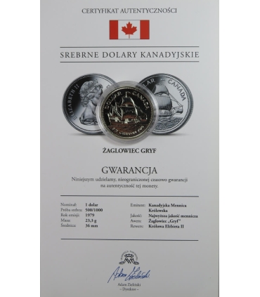 Kanada, 1 dolar 1979, Żaglowiec Gryf, stan 1-
