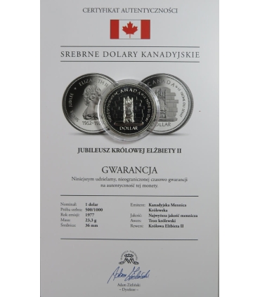 Kanada 1 Dolar Jubileusz Królowej Elżbiety II, 1977, srebro, certyfikat