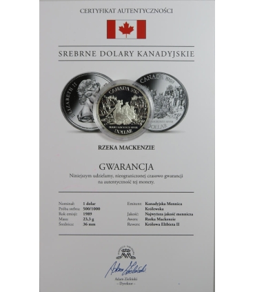 Kanada, 1 dolar 1989, rzeka Mackenzie, srebro, certyfikat