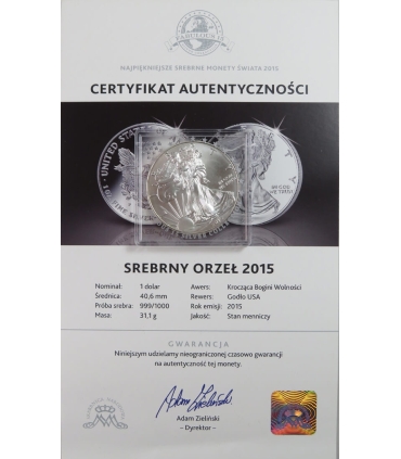 USA, 1 dolar "Srebrny Orzeł", 1 Oz, 2015, certyfikat, mennicza