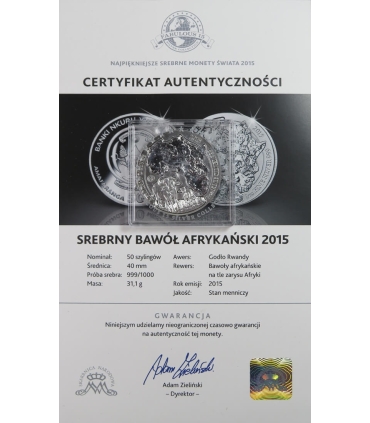 Rwanda 50 franków, 2015 Bawół, Srebro, Ag999, certyfikat