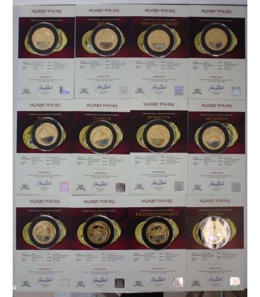 12 szt. medali Skarby Polski, pozłacane medale z 12 minerałami w środku + pudełko + certyfikaty