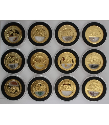 12 szt. medali Skarby Polski, pozłacane medale z 12 minerałami w środku + pudełko + certyfikaty