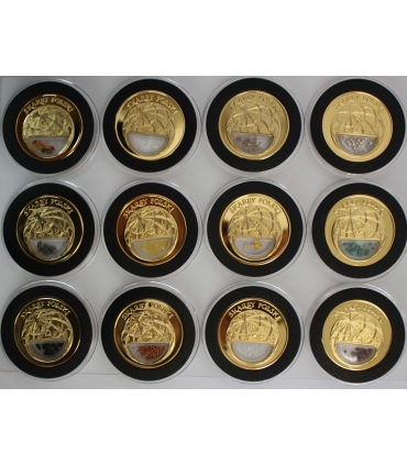 12 szt. medali Skarby Polski, pozłacane medale z 12 minerałami w środku + pudełko + certyfikaty