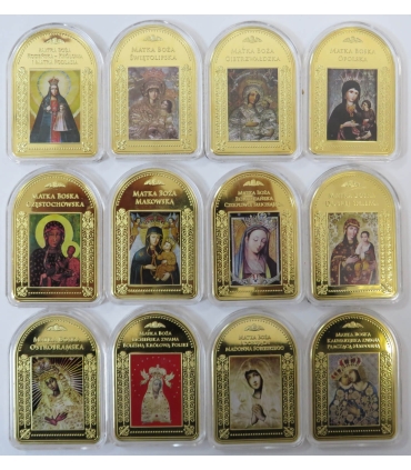 Najświętsza Maryja Panna – Królowa Polski – 12 pozłacanych medali z wizerunkami Matki Bożej, etui