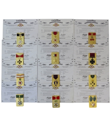 Najwyższe Światowe Odznaczenia – 12 pozłacanych numizmatów + drewniana skrzynka, certyfikaty