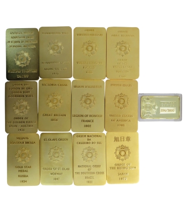 Najwyższe Światowe Odznaczenia – 12 pozłacanych numizmatów + drewniana skrzynka, certyfikaty