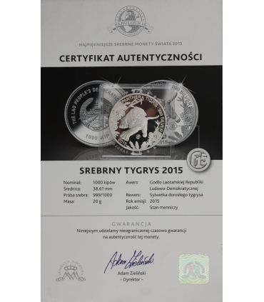 Laos 1000 kipów, 2015 Tygrys, srebro Ag999 20g