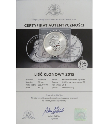 Kanada 5 dolarów Liść klonowy, 2015, Ag999, 31,1, certyfikat, st. 1