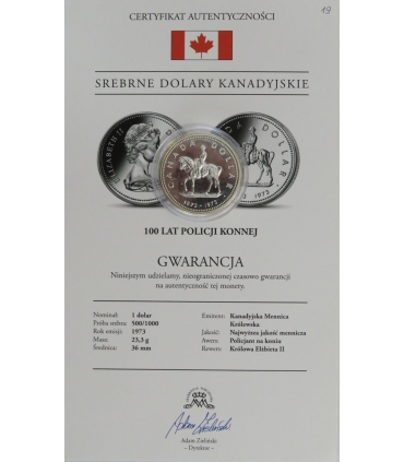 Kanada 1 Dolar 1973 - Kanadyjska Królewska Policja Konna, srebro
