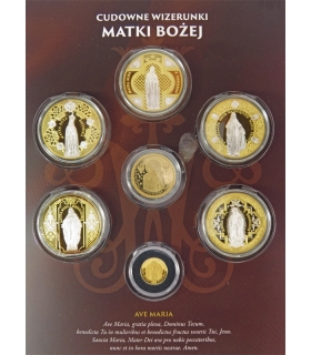 Zestaw Cudowne wizerunki Matki Bożej, 1 x złoto 1.2g Au999 + 6szt. x platerowany mosiądz